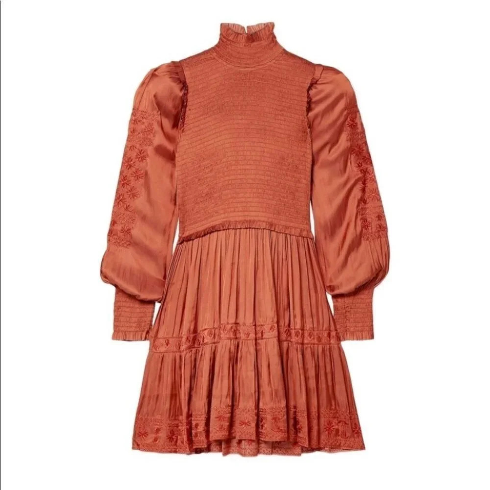 Ulla Johnson‎ Angelica Mini Dress Orange Rust 2 Smocked Embroidered Turtleneck - Picture 6 of 14